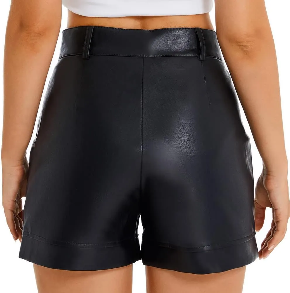 Everbellus High Waisted Faux Leather Shorts Womens Pockets Wide Leg Shorts