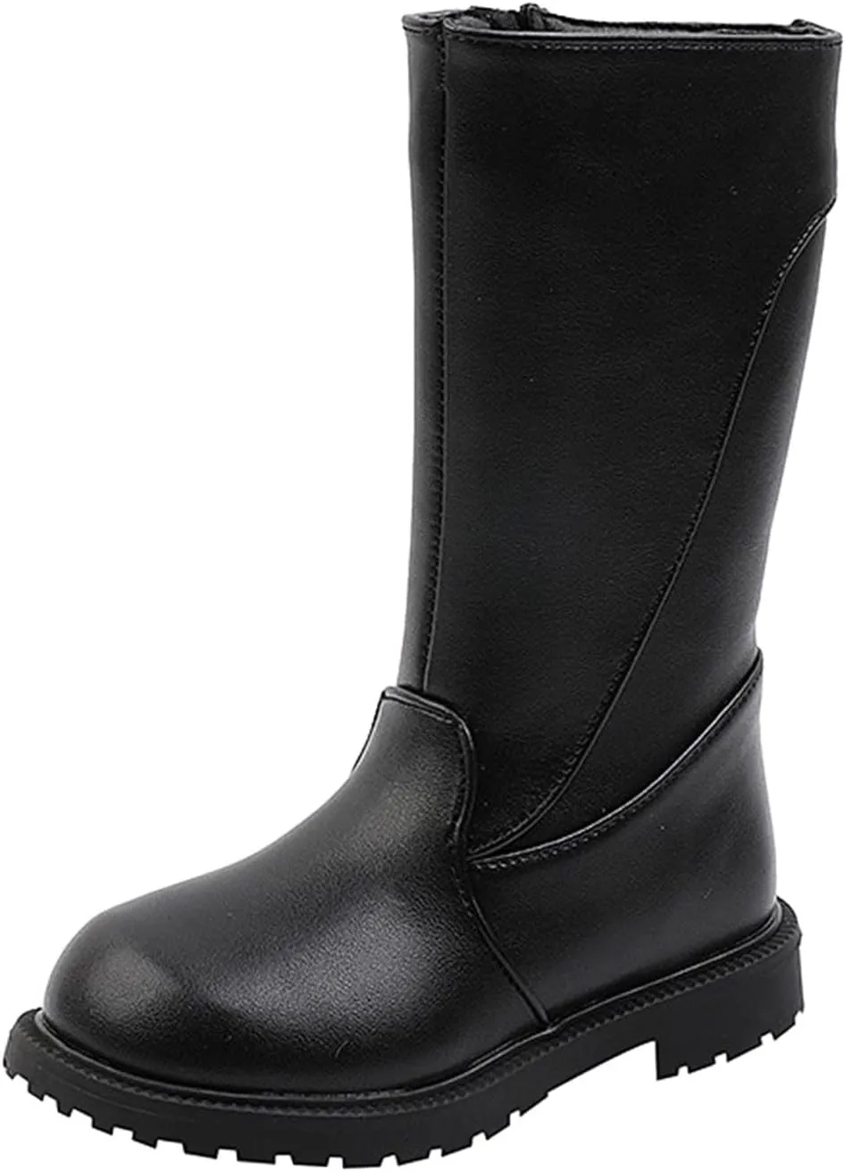 Fashion Autumn And Winter Girls Mid Calf Boots Flat Bottom Thick Soles Non Slip Plush Warm Solid Side Dark Riding