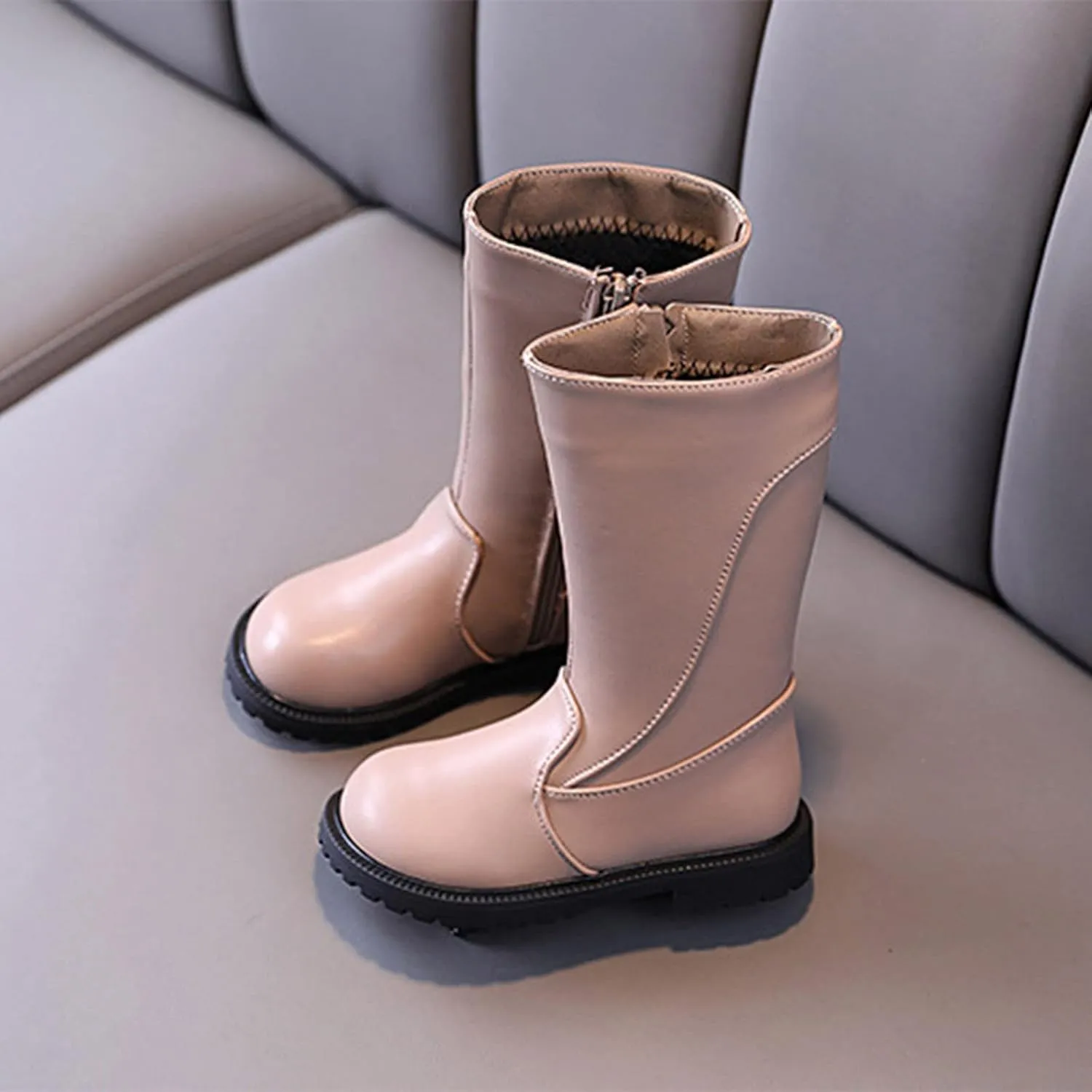 Fashion Autumn And Winter Girls Mid Calf Boots Flat Bottom Thick Soles Non Slip Plush Warm Solid Side Dark Riding