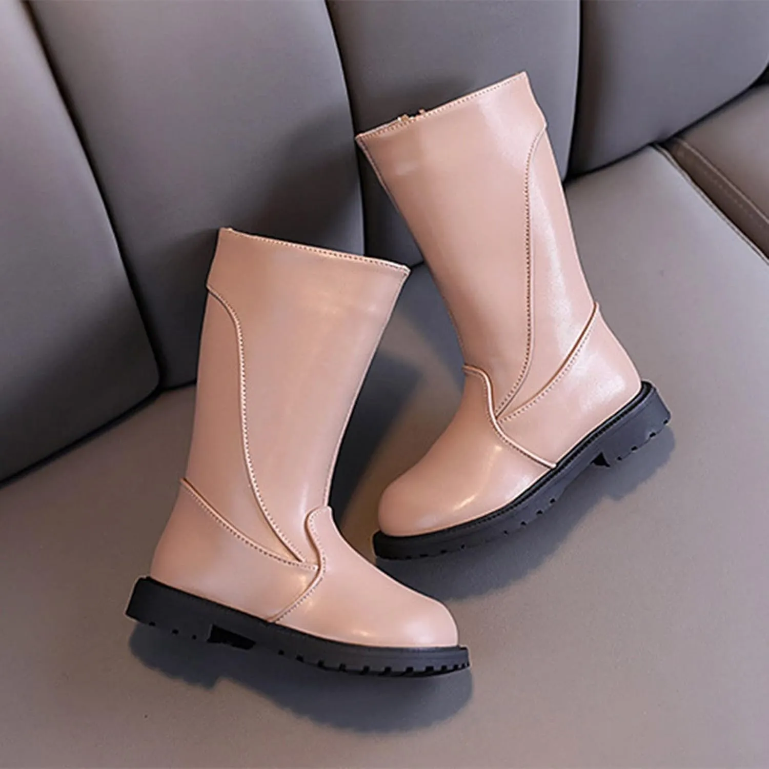 Fashion Autumn And Winter Girls Mid Calf Boots Flat Bottom Thick Soles Non Slip Plush Warm Solid Side Dark Riding