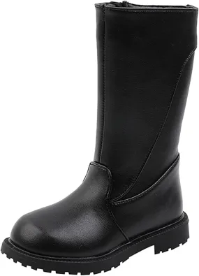 Fashion Autumn And Winter Girls Mid Calf Boots Flat Bottom Thick Soles Non Slip Plush Warm Solid Side Dark Riding