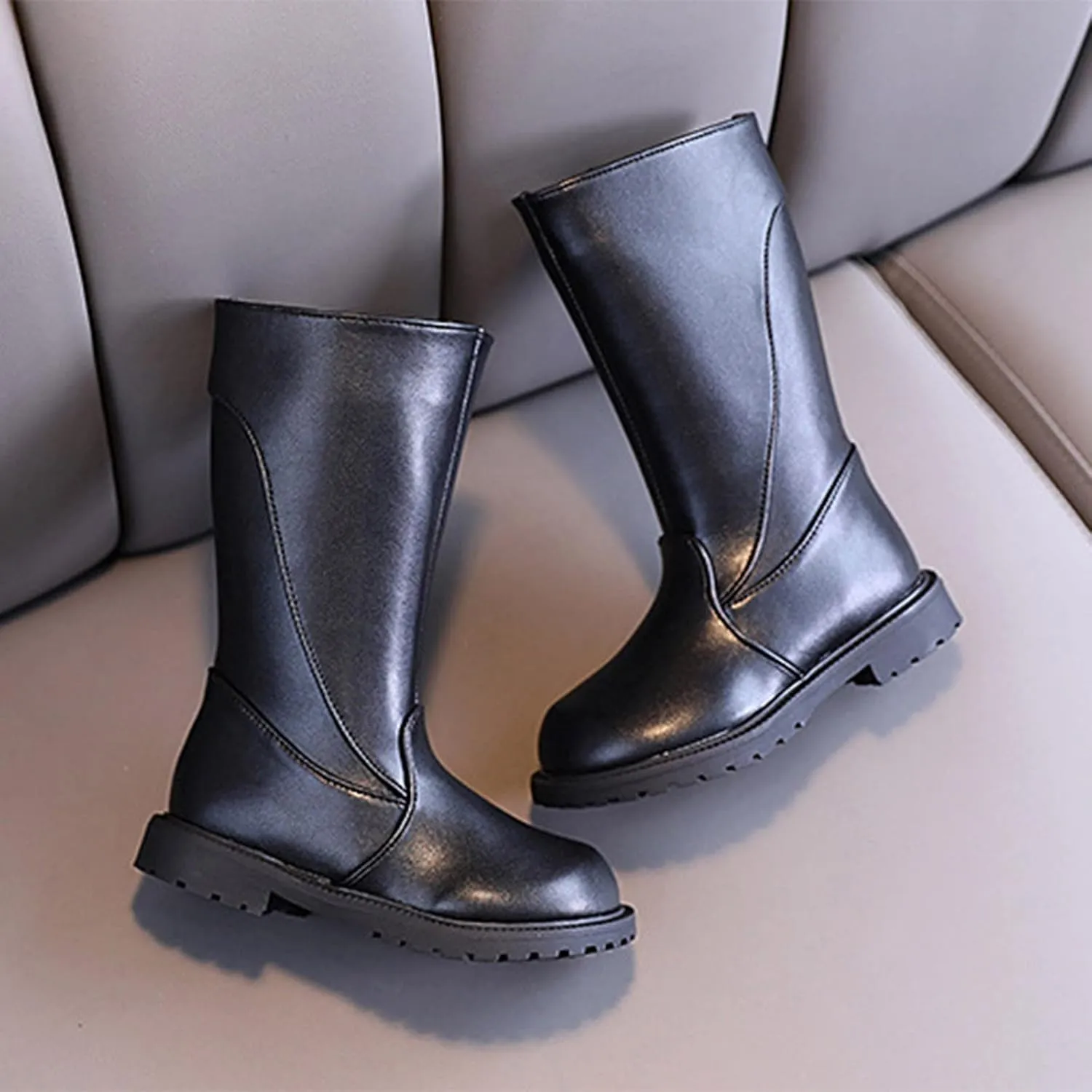 Fashion Autumn And Winter Girls Mid Calf Boots Flat Bottom Thick Soles Non Slip Plush Warm Solid Side Dark Riding