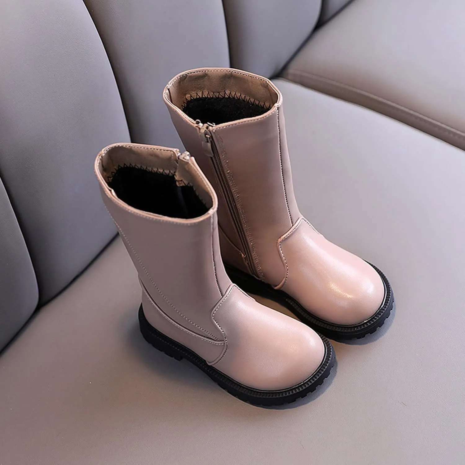 Fashion Autumn And Winter Girls Mid Calf Boots Flat Bottom Thick Soles Non Slip Plush Warm Solid Side Dark Riding