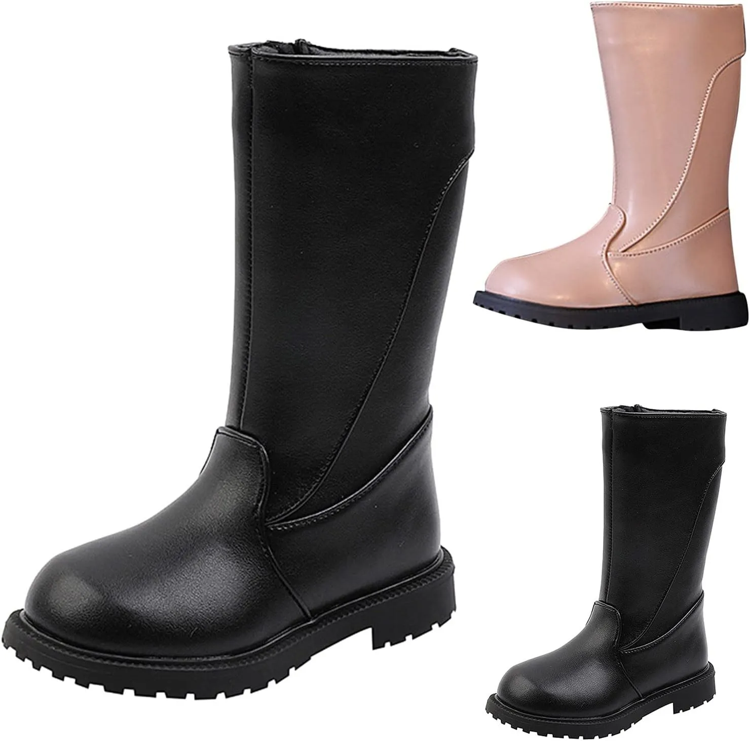 Fashion Autumn And Winter Girls Mid Calf Boots Flat Bottom Thick Soles Non Slip Plush Warm Solid Side Dark Riding