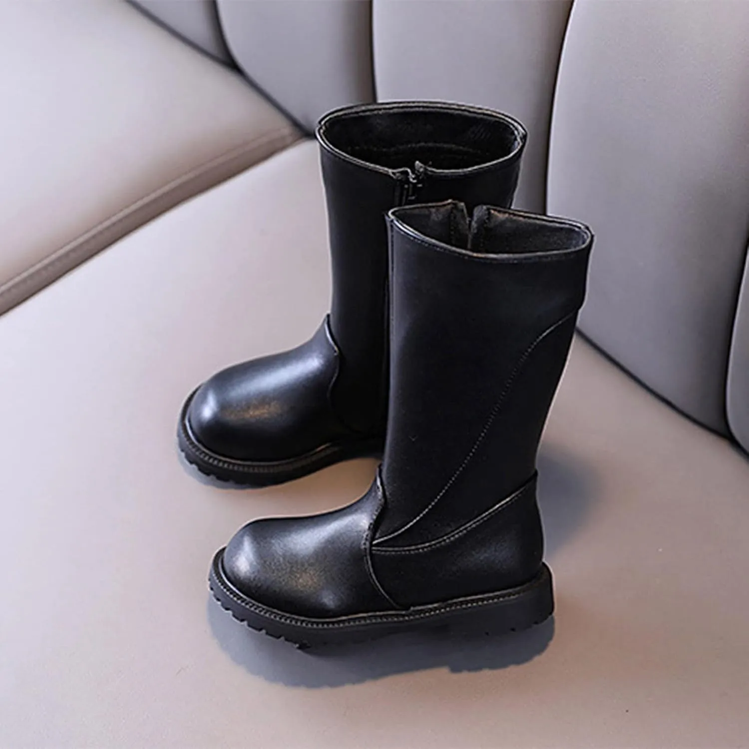Fashion Autumn And Winter Girls Mid Calf Boots Flat Bottom Thick Soles Non Slip Plush Warm Solid Side Dark Riding