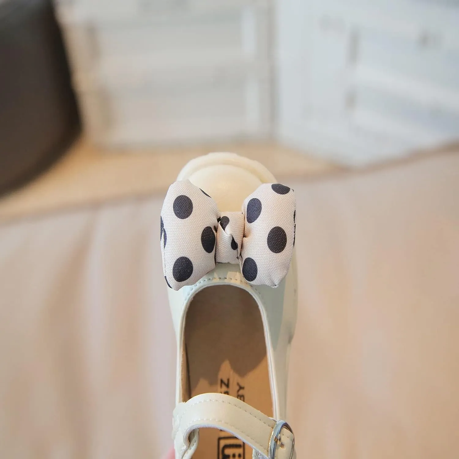Fashion Autumn Girls Casual Shoes Thick Bottom Flat Round Toe Polka Dot Bow Hook Loop Solid Color Dress Baby Shoes Girl (Beige, 18-24 Months)