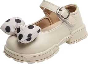 Fashion Autumn Girls Casual Shoes Thick Bottom Flat Round Toe Polka Dot Bow Hook Loop Solid Color Dress Baby Shoes Girl (Beige, 18-24 Months)