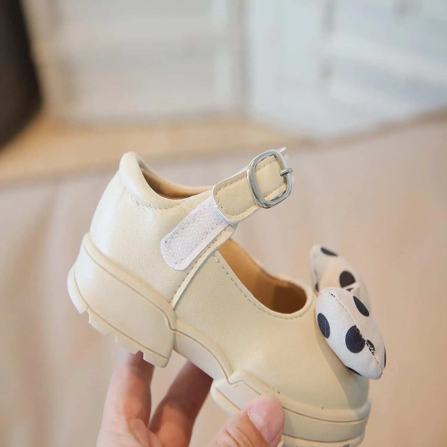 Fashion Autumn Girls Casual Shoes Thick Bottom Flat Round Toe Polka Dot Bow Hook Loop Solid Color Dress Baby Shoes Girl (Beige, 18-24 Months)