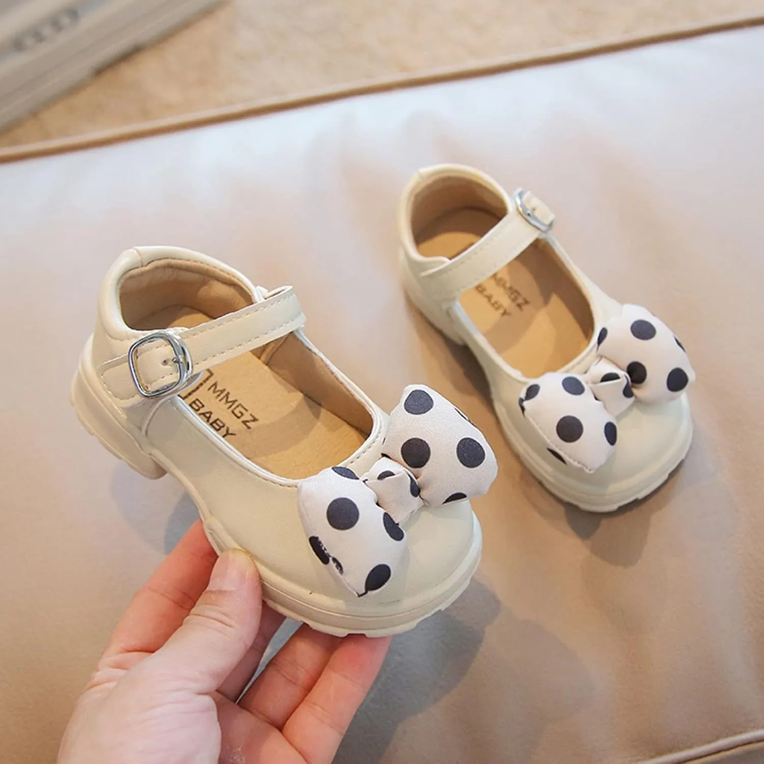 Fashion Autumn Girls Casual Shoes Thick Bottom Flat Round Toe Polka Dot Bow Hook Loop Solid Color Dress Baby Shoes Girl (Beige, 18-24 Months)
