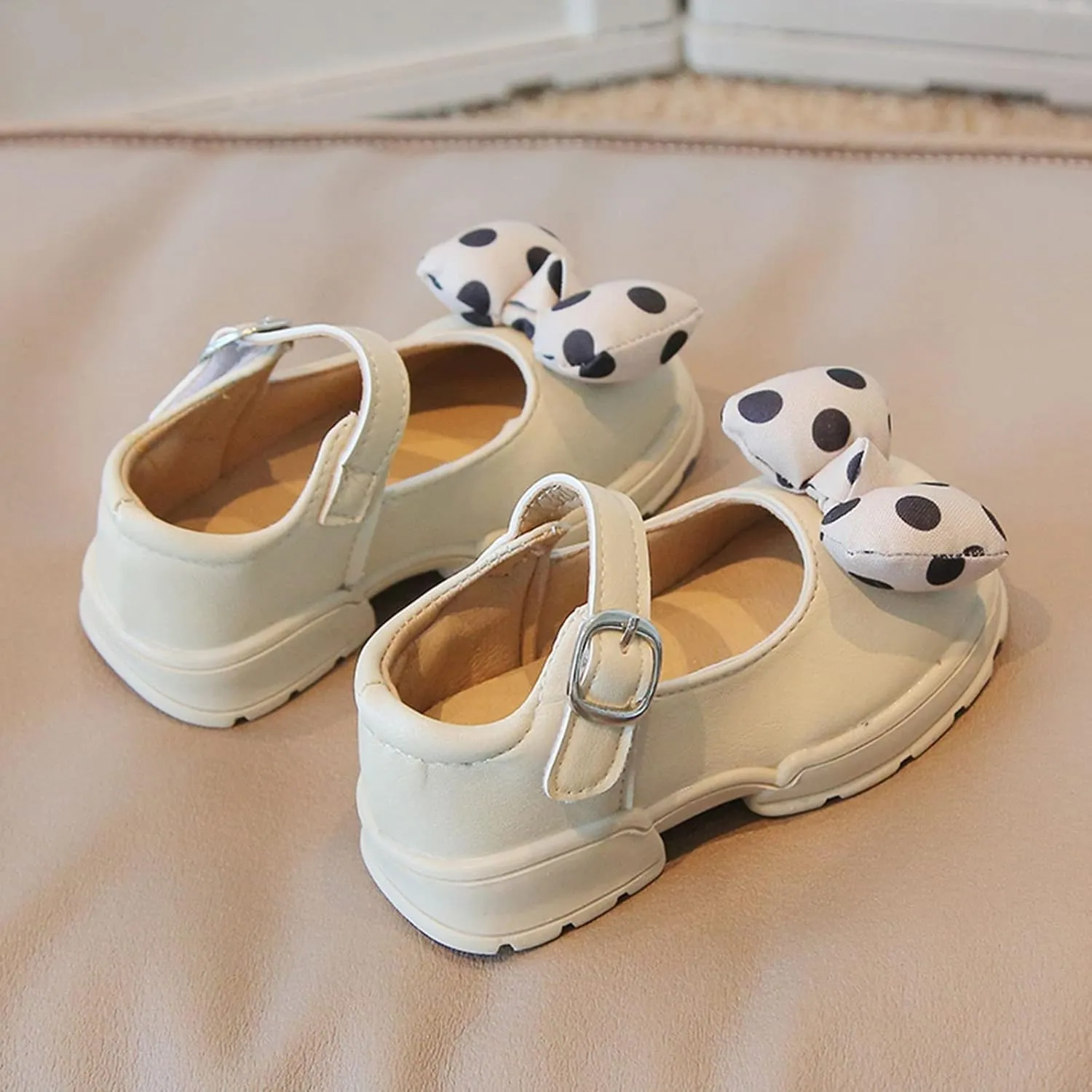Fashion Autumn Girls Casual Shoes Thick Bottom Flat Round Toe Polka Dot Bow Hook Loop Solid Color Dress Baby Shoes Girl (Beige, 18-24 Months)