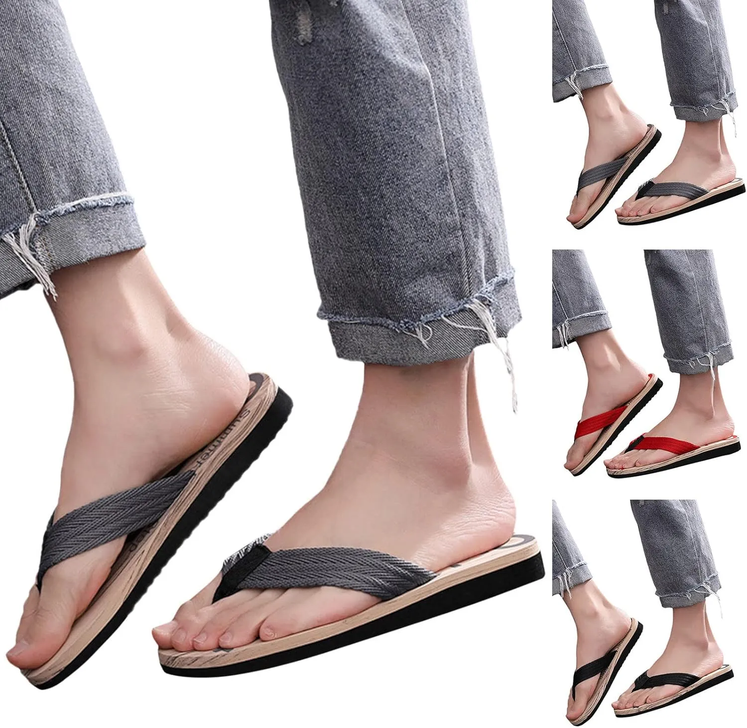 Fashion Spring and Summer Men Flip Flops Flat Bottom Lightweight Non Slip Wood Grain Casual Beach Men's Flip Flops