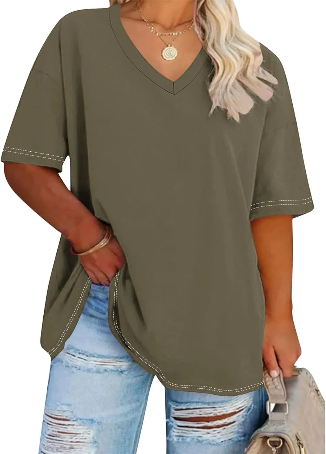 Fashion Womens Oversized Shirts Solid Color Casual V-Neck Tee Tops Classic Short Sleeve Shirts Loose Comfy T-Shirts