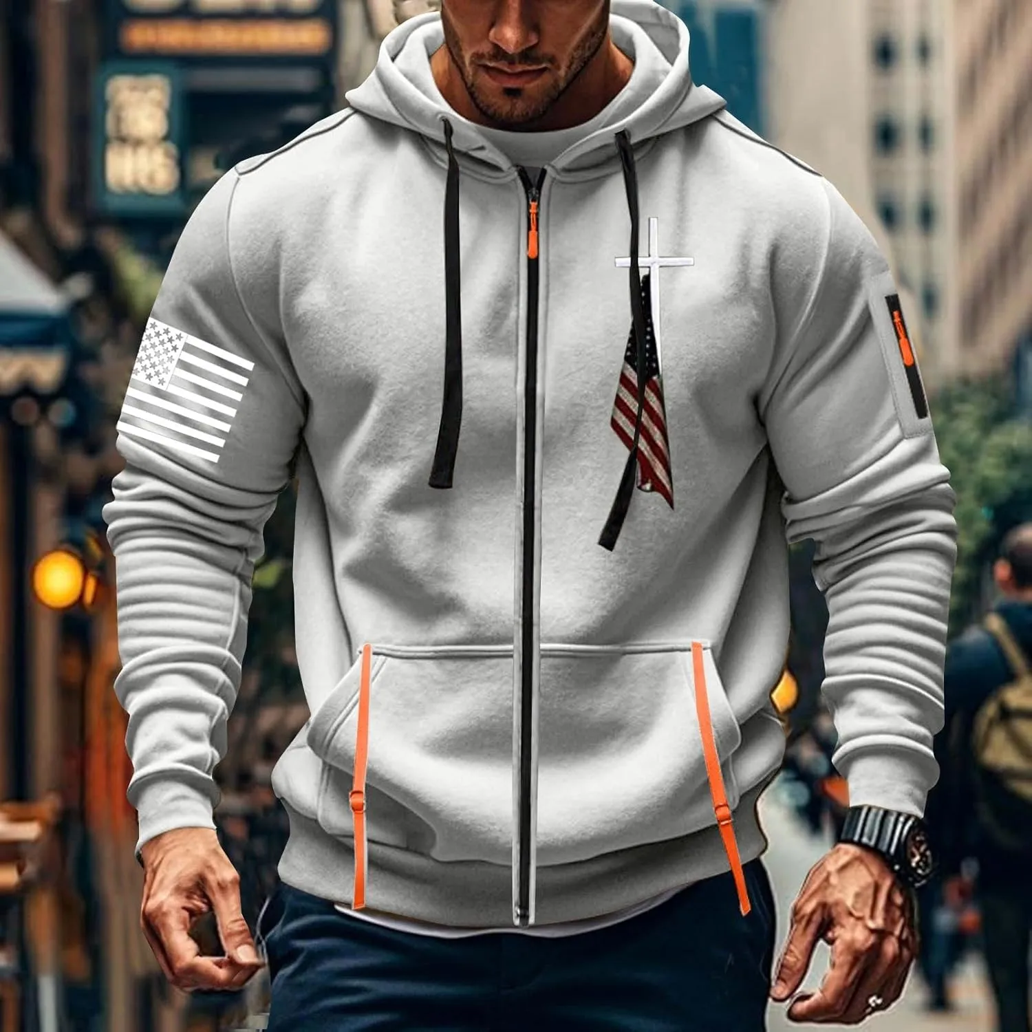 Full Zip Hoodies Men Workout Hoodie American Flag Hooded Sweatshirts Patriotic Graphic Shirt Long Sleeve Casual Tops