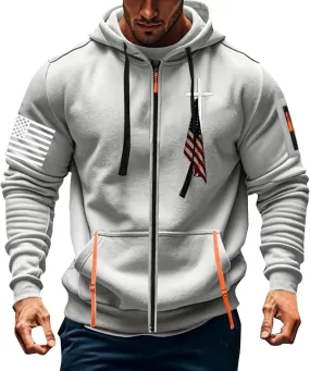 Full Zip Hoodies Men Workout Hoodie American Flag Hooded Sweatshirts Patriotic Graphic Shirt Long Sleeve Casual Tops