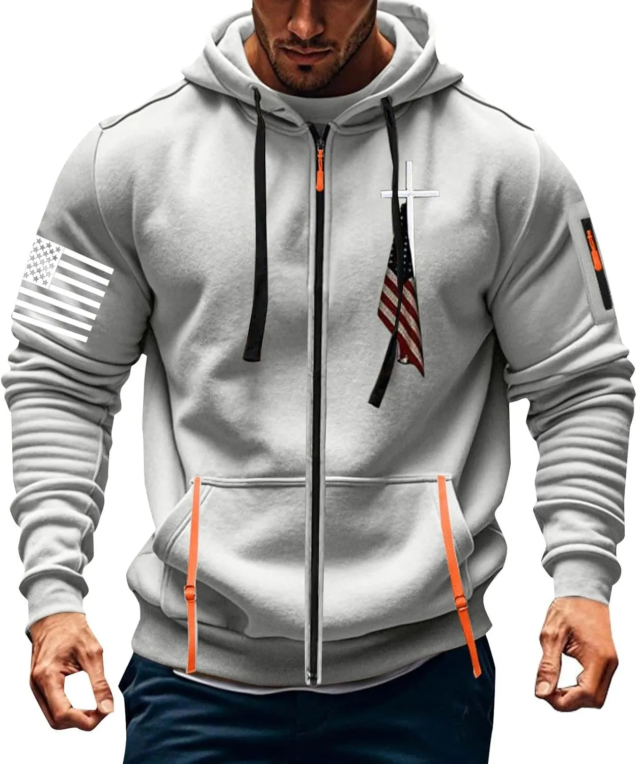 Full Zip Hoodies Men Workout Hoodie American Flag Hooded Sweatshirts Patriotic Graphic Shirt Long Sleeve Casual Tops