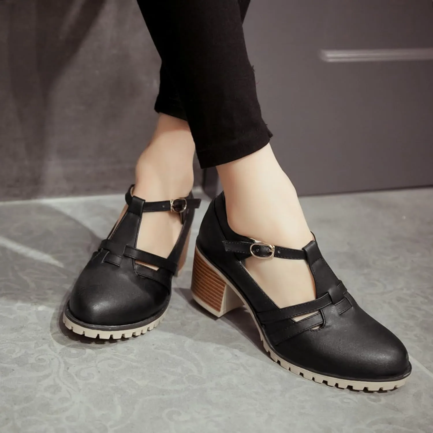 Gicoiz Mary Jane T Bar Womens Block Heel Office Work Shoes