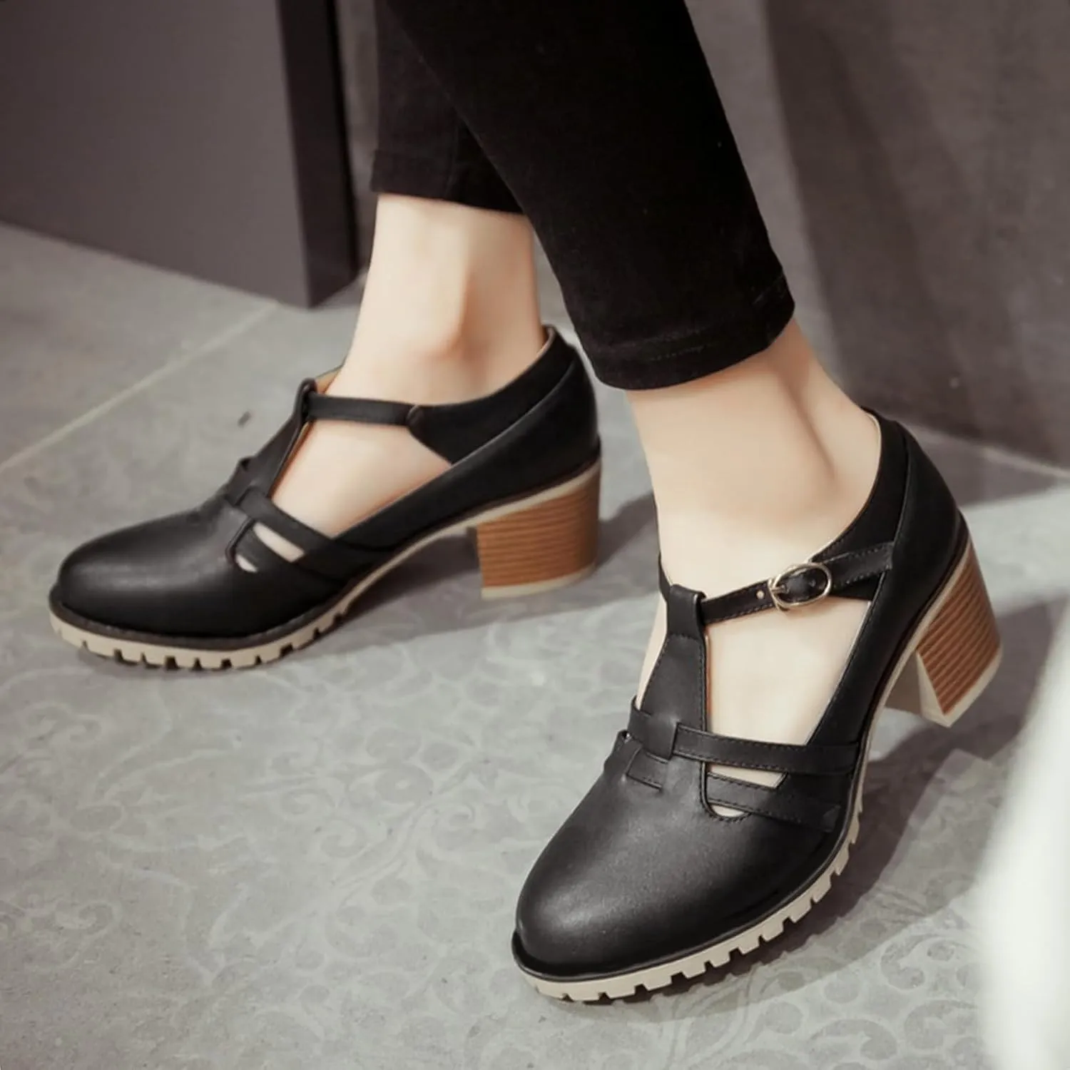 Gicoiz Mary Jane T Bar Womens Block Heel Office Work Shoes