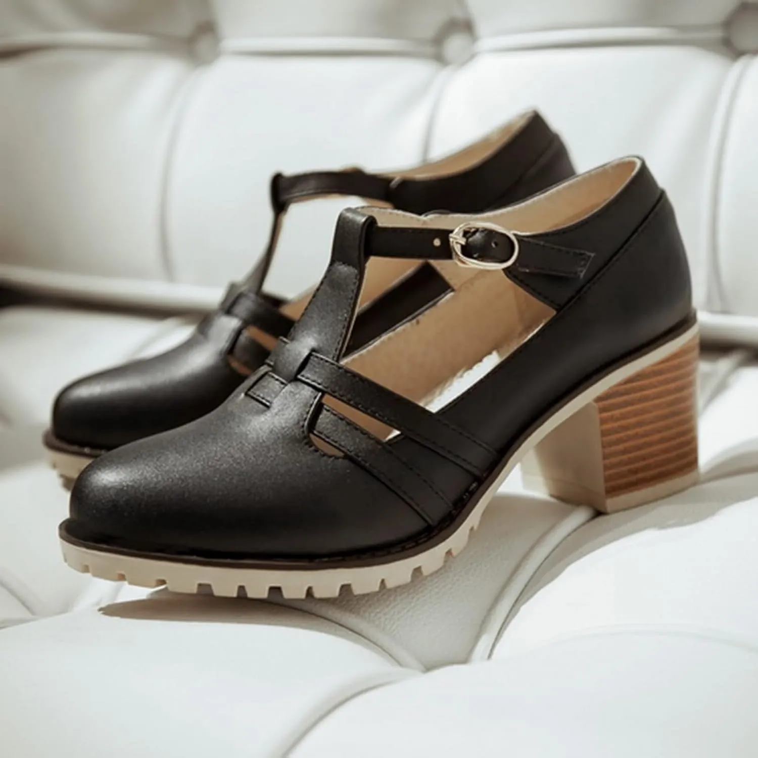 Gicoiz Mary Jane T Bar Womens Block Heel Office Work Shoes