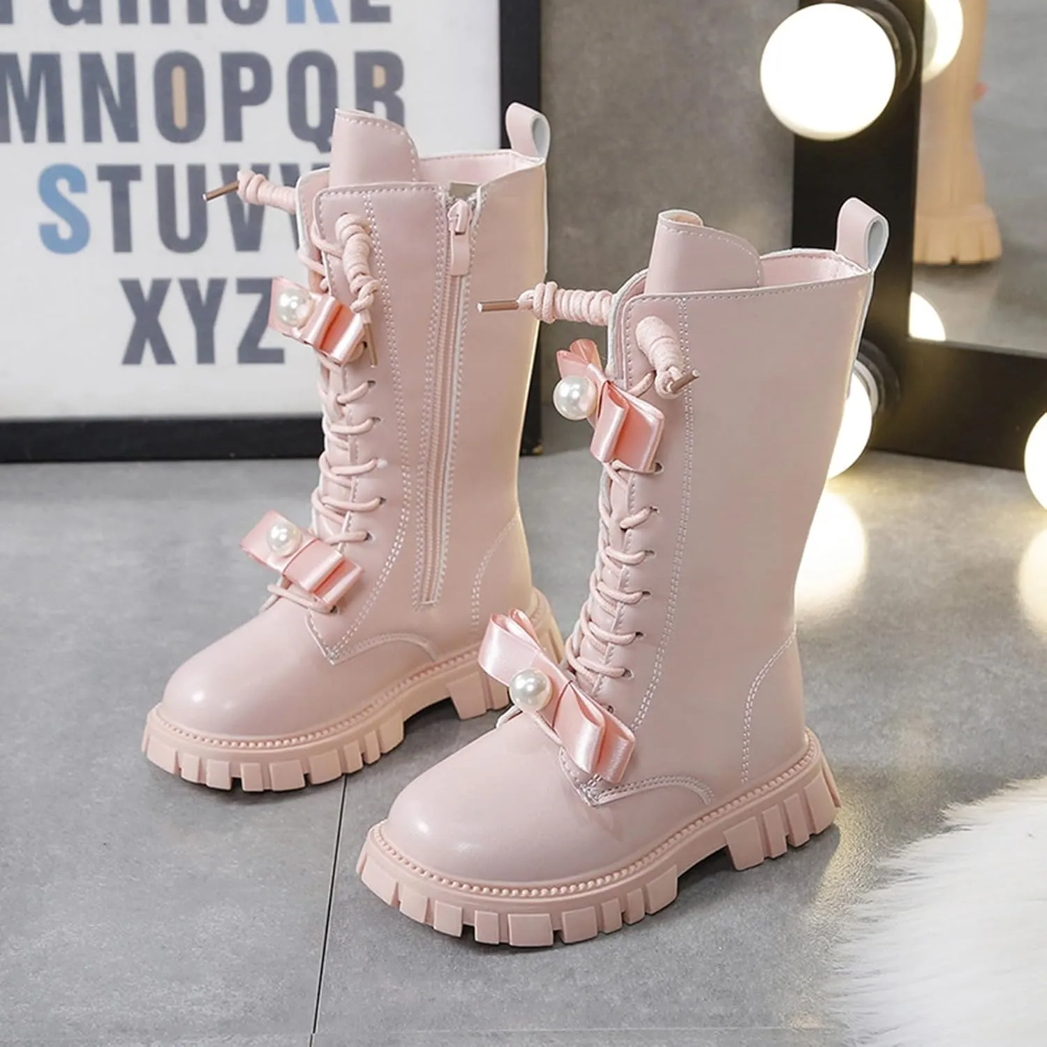 Girls Boots Lace Up Mid Calf Boots Fashion Faux Leather Boots Breathable Warm Winter Boots Cute Dress Shoes for Girls