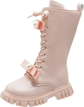 Girls Boots Lace Up Mid Calf Boots Fashion Faux Leather Boots Breathable Warm Winter Boots Cute Dress Shoes for Girls