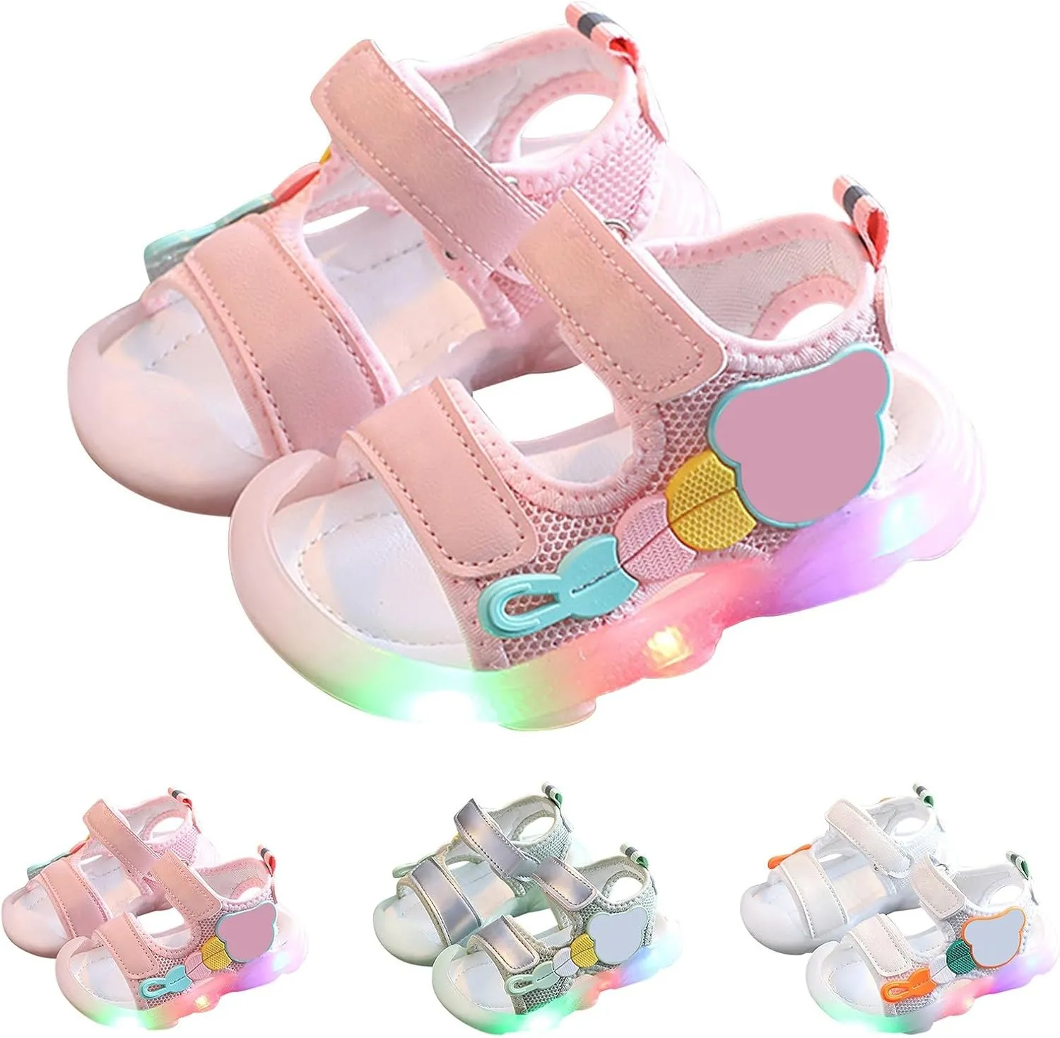 Girls Boys Sandal Double Buckle Casual Flat Open Toe Summer Flashing Shoes Hook Loop Sandal for Toddler Little Big Kid