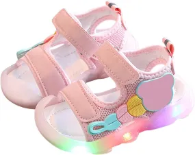 Girls Boys Sandal Double Buckle Casual Flat Open Toe Summer Flashing Shoes Hook Loop Sandal for Toddler Little Big Kid