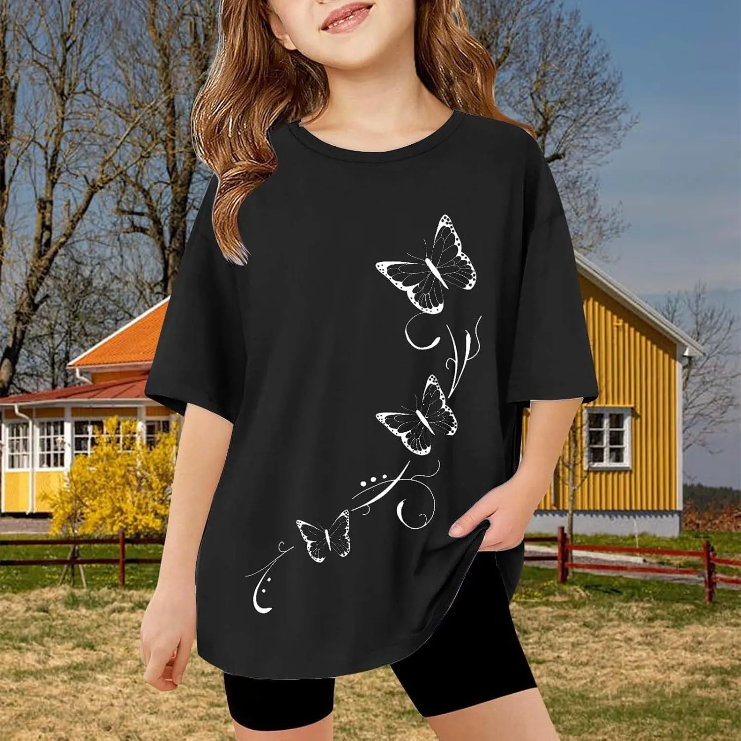 Girls Butterfly Graphic Tees Short Sleeve Tunic Blouse Sunflower T-Shirt Tween Girls Dandelion Flower Tops Cute T-Shirt