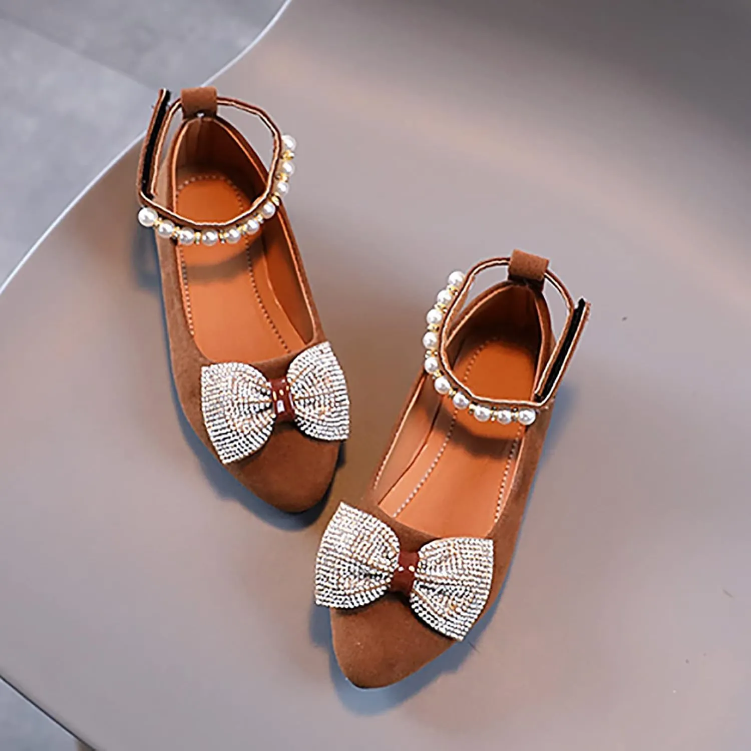 Girls Casual Shoes Shallow Mouth Slip On Pointed Pearl Princess Boat Shoes Kids Children Bowknot Size 2 Shoes Baby Girl (Brown, 10.5-11 Years)