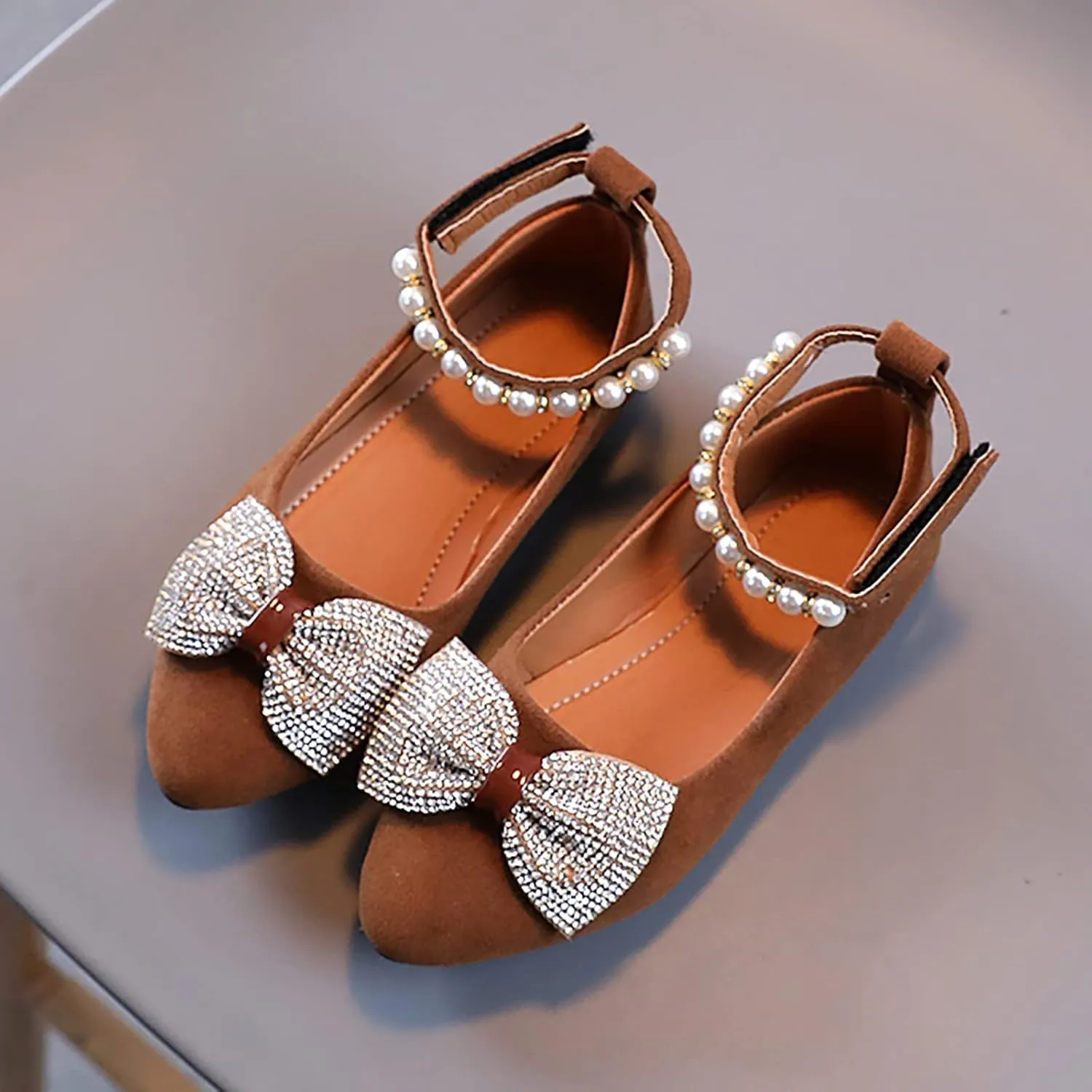 Girls Casual Shoes Shallow Mouth Slip On Pointed Pearl Princess Boat Shoes Kids Children Bowknot Size 2 Shoes Baby Girl (Brown, 10.5-11 Years)