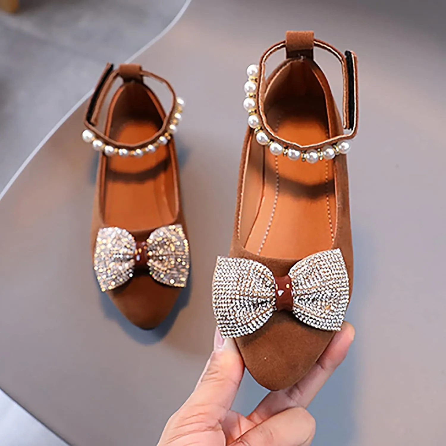 Girls Casual Shoes Shallow Mouth Slip On Pointed Pearl Princess Boat Shoes Kids Children Bowknot Size 2 Shoes Baby Girl (Brown, 10.5-11 Years)