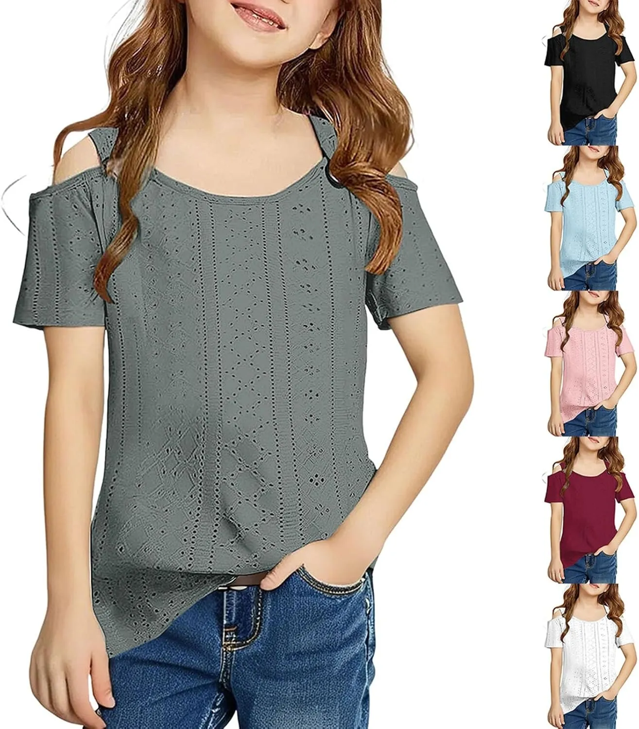 Girls Cold-Shoulder T-Shirts Eyelet Blouses Short Sleeve Cotton Tees for Teen Girls Cute T-Shirt Trendy Tees Summer Tops