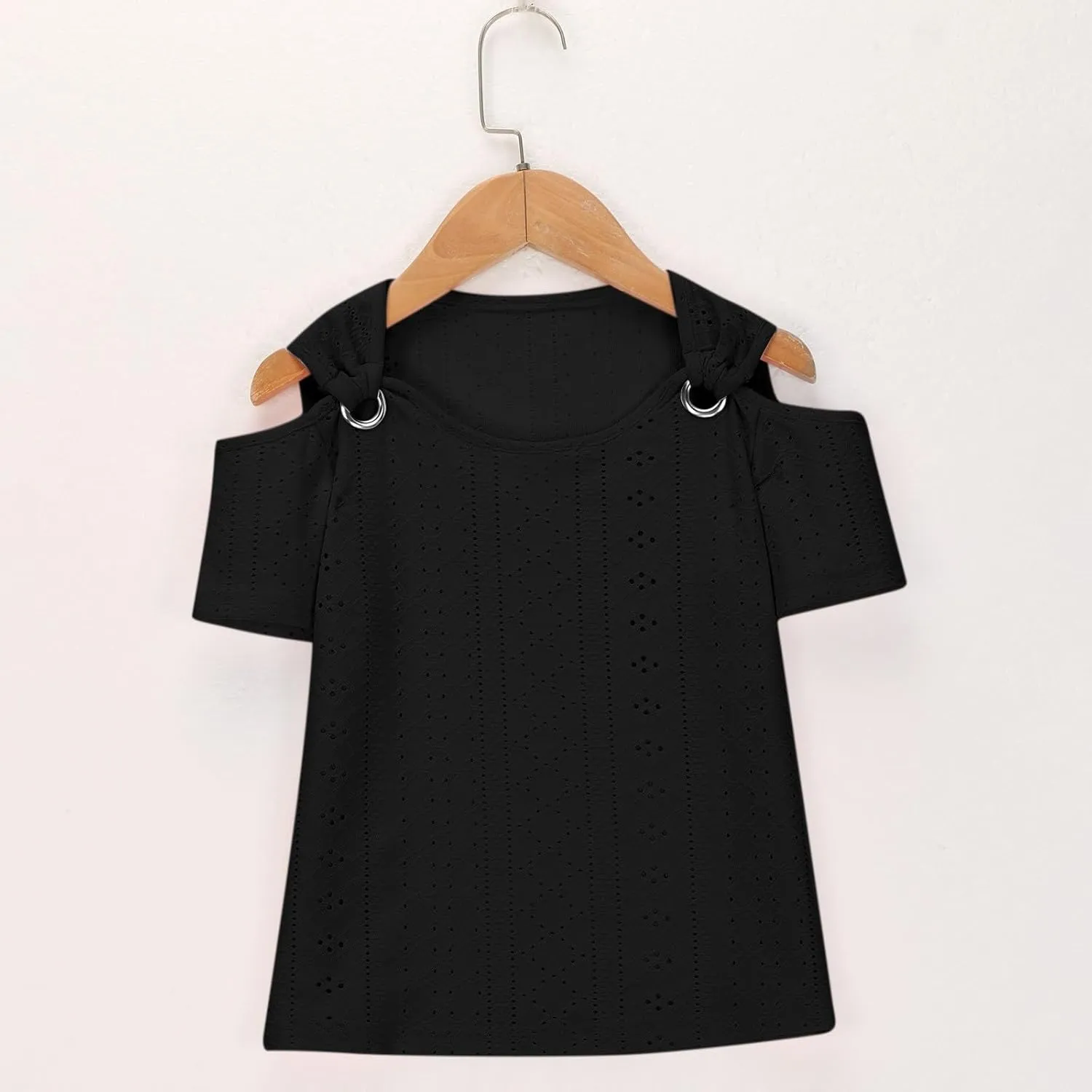 Girls Cold-Shoulder T-Shirts Eyelet Blouses Short Sleeve Cotton Tees for Teen Girls Cute T-Shirt Trendy Tees Summer Tops
