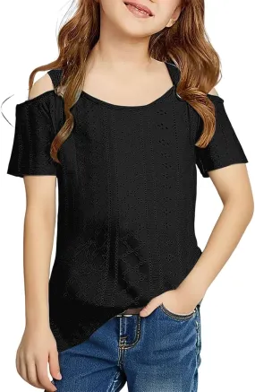Girls Cold-Shoulder T-Shirts Eyelet Blouses Short Sleeve Cotton Tees for Teen Girls Cute T-Shirt Trendy Tees Summer Tops