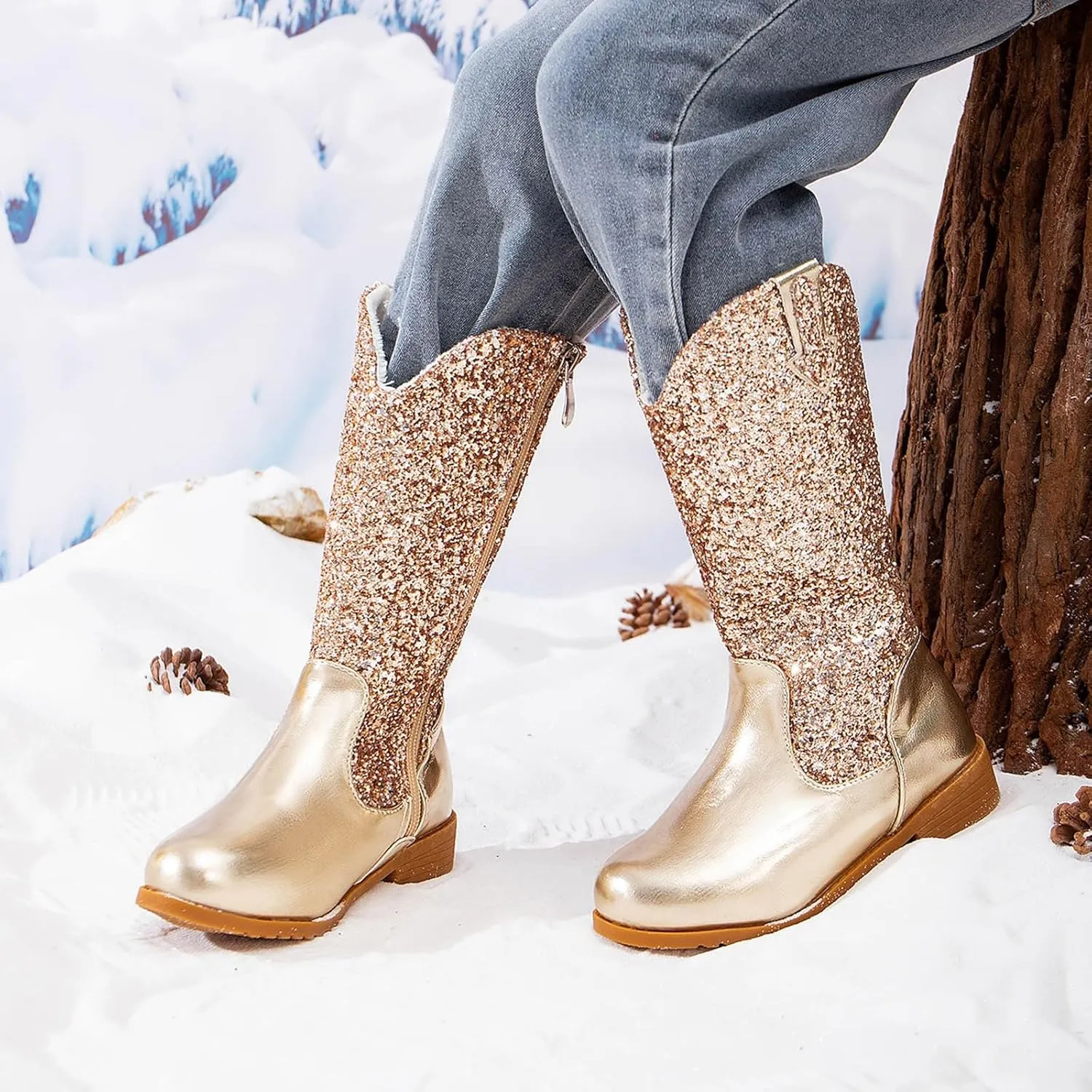 Girls Cowgirl Boots Mid Calf Square Toe Western Boot for Kids Sparkly Glitter Cowboy Boots Toddler Girls Outdoor Shoe