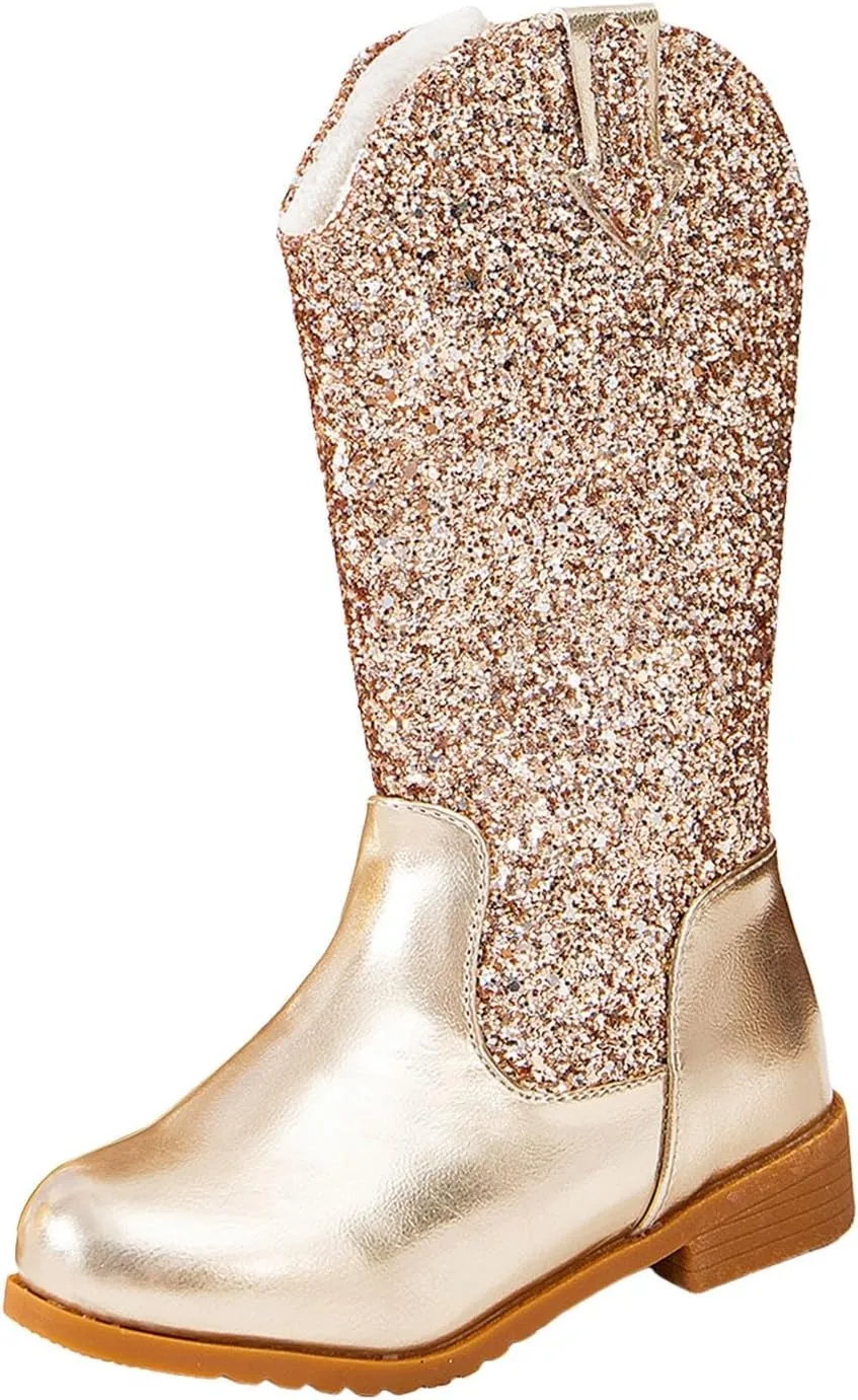 Girls Cowgirl Boots Mid Calf Square Toe Western Boot for Kids Sparkly Glitter Cowboy Boots Toddler Girls Outdoor Shoe