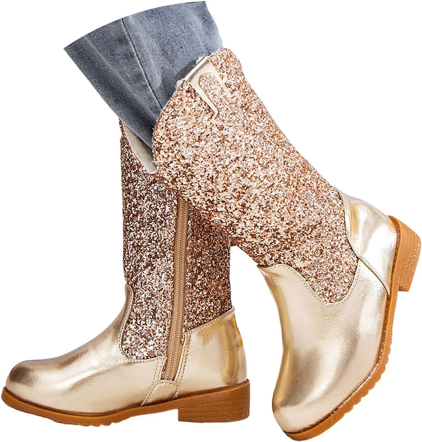 Girls Cowgirl Boots Mid Calf Square Toe Western Boot for Kids Sparkly Glitter Cowboy Boots Toddler Girls Outdoor Shoe