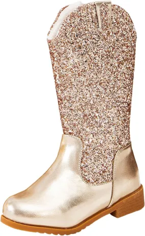 Girls Cowgirl Boots Mid Calf Square Toe Western Boot for Kids Sparkly Glitter Cowboy Boots Toddler Girls Outdoor Shoe