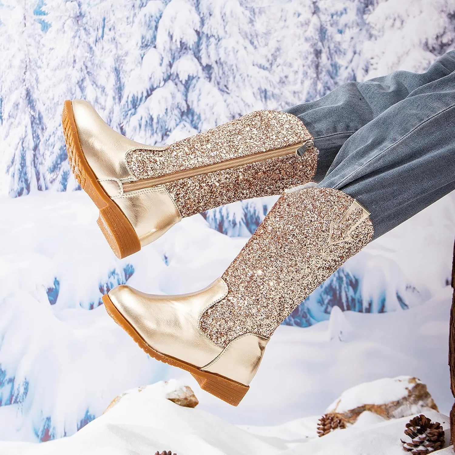 Girls Cowgirl Boots Mid Calf Square Toe Western Boot for Kids Sparkly Glitter Cowboy Boots Toddler Girls Outdoor Shoe