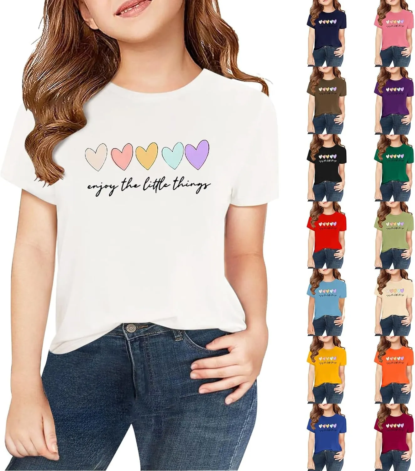 Girls Cute Heart Pattern T-Shirt Short Sleeve Tees Crewneck Tops Letters T-Shirt Boys Girls Aesthetic Tees Summer Tops
