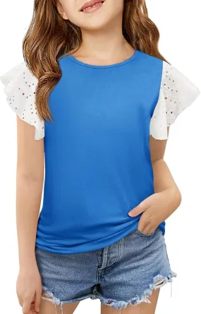Girls Cute T-Shirts Lace Ruffled Sleeve Tees Crewneck Tops for Teen Kids Girls Short Sleeve T-Shirts Trendy Blouses