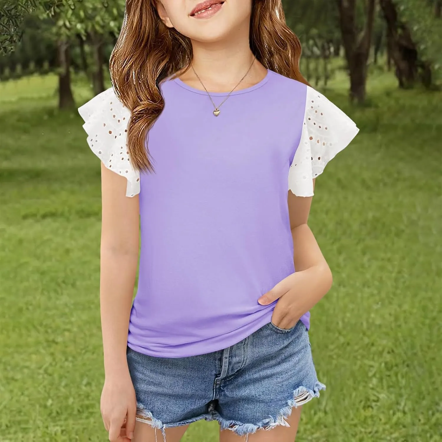 Girls Cute T-Shirts Lace Ruffled Sleeve Tees Crewneck Tops for Teen Kids Girls Short Sleeve T-Shirts Trendy Blouses