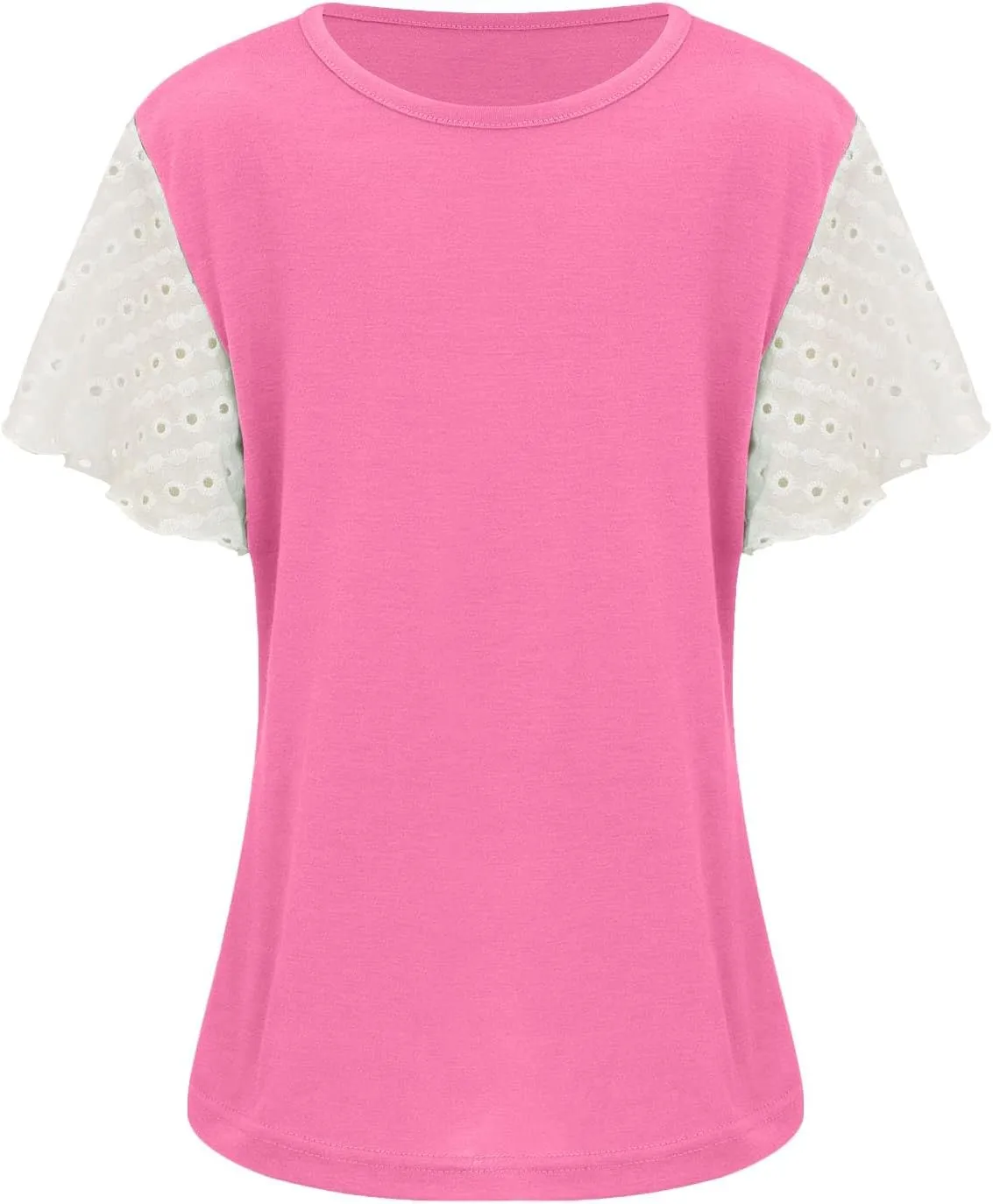 Girls Cute T-Shirts Lace Ruffled Sleeve Tees Crewneck Tops for Teen Kids Girls Short Sleeve T-Shirts Trendy Blouses