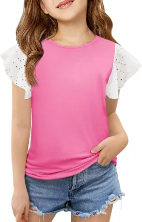 Girls Cute T-Shirts Lace Ruffled Sleeve Tees Crewneck Tops for Teen Kids Girls Short Sleeve T-Shirts Trendy Blouses