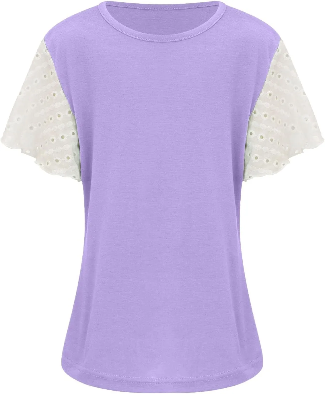 Girls Cute T-Shirts Lace Ruffled Sleeve Tees Crewneck Tops for Teen Kids Girls Short Sleeve T-Shirts Trendy Blouses