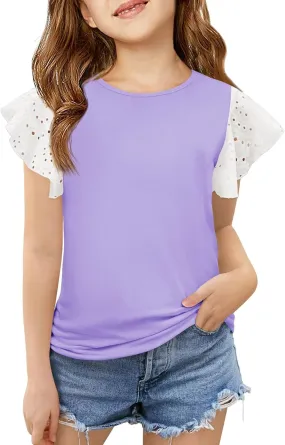 Girls Cute T-Shirts Lace Ruffled Sleeve Tees Crewneck Tops for Teen Kids Girls Short Sleeve T-Shirts Trendy Blouses
