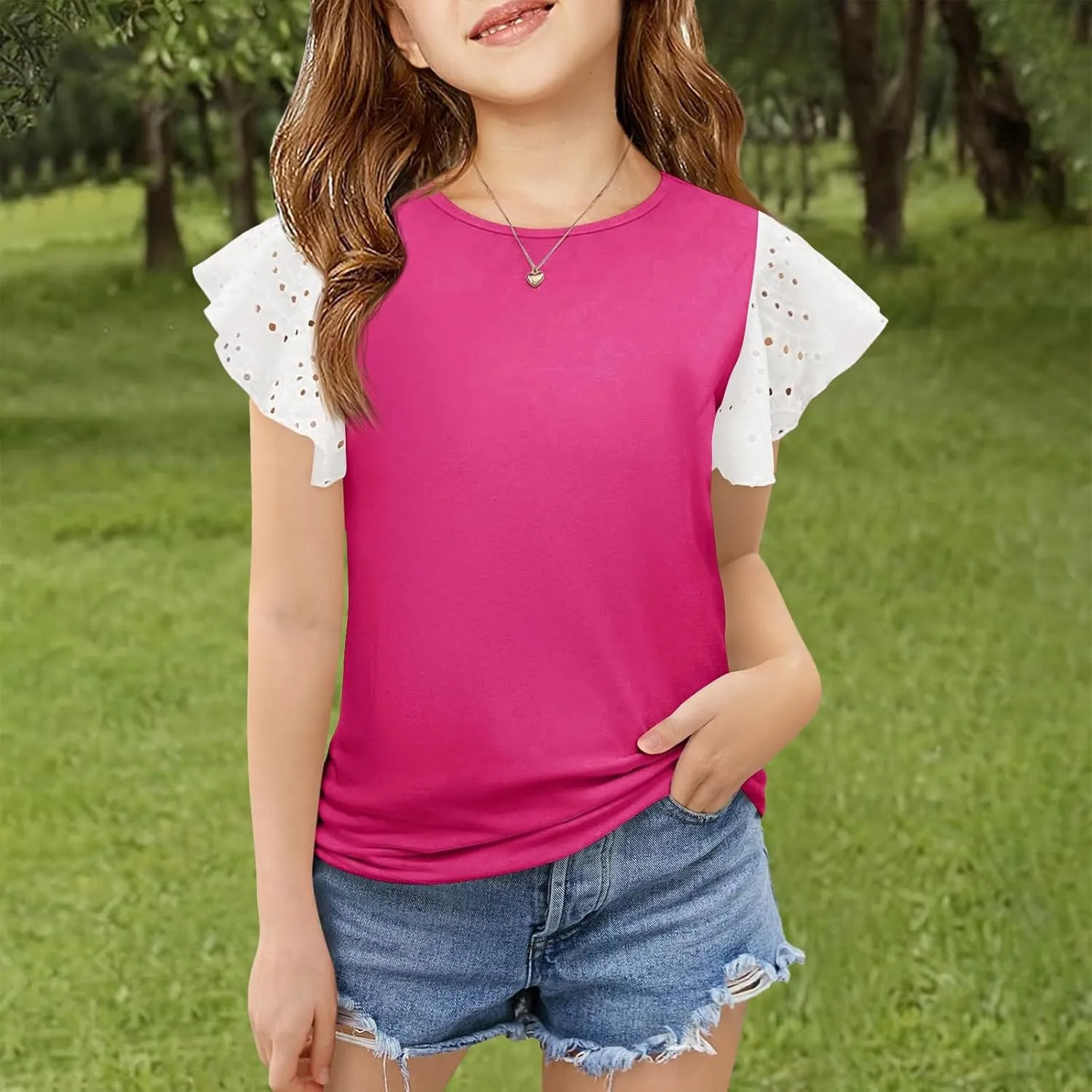 Girls Cute T-Shirts Lace Ruffled Sleeve Tees Crewneck Tops for Teen Kids Girls Short Sleeve T-Shirts Trendy Blouses