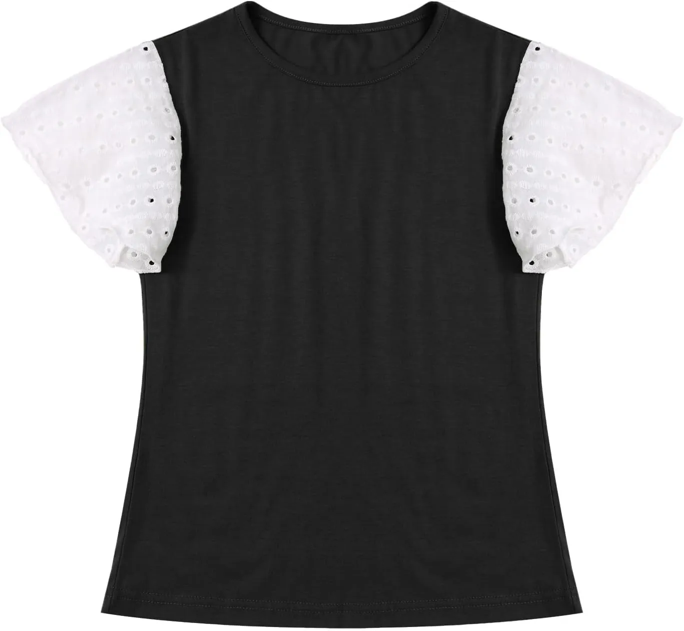 Girls Cute T-Shirts Lace Ruffled Sleeve Tees Crewneck Tops for Teen Kids Girls Short Sleeve T-Shirts Trendy Blouses