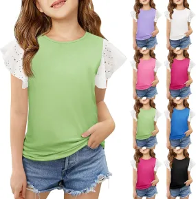Girls Cute T-Shirts Lace Ruffled Sleeve Tees Crewneck Tops for Teen Kids Girls Short Sleeve T-Shirts Trendy Blouses