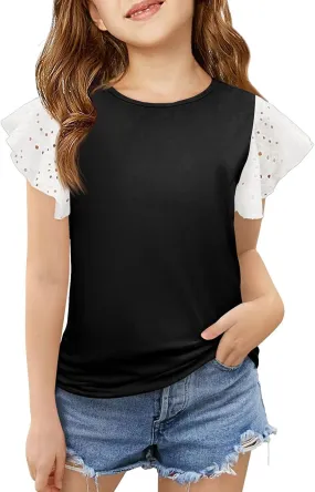 Girls Cute T-Shirts Lace Ruffled Sleeve Tees Crewneck Tops for Teen Kids Girls Short Sleeve T-Shirts Trendy Blouses
