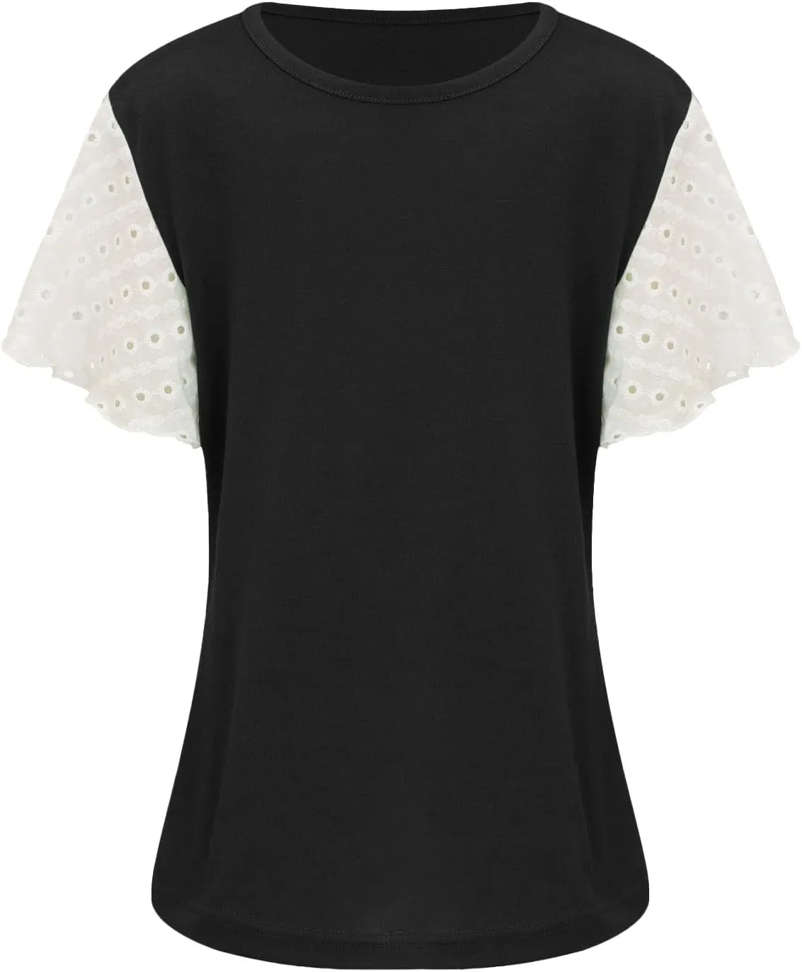 Girls Cute T-Shirts Lace Ruffled Sleeve Tees Crewneck Tops for Teen Kids Girls Short Sleeve T-Shirts Trendy Blouses